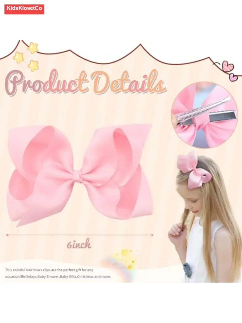 2pcs 6in Grosgrain Ribbon Hair Bows Clips Alligator Hair Barrettes for Toddler